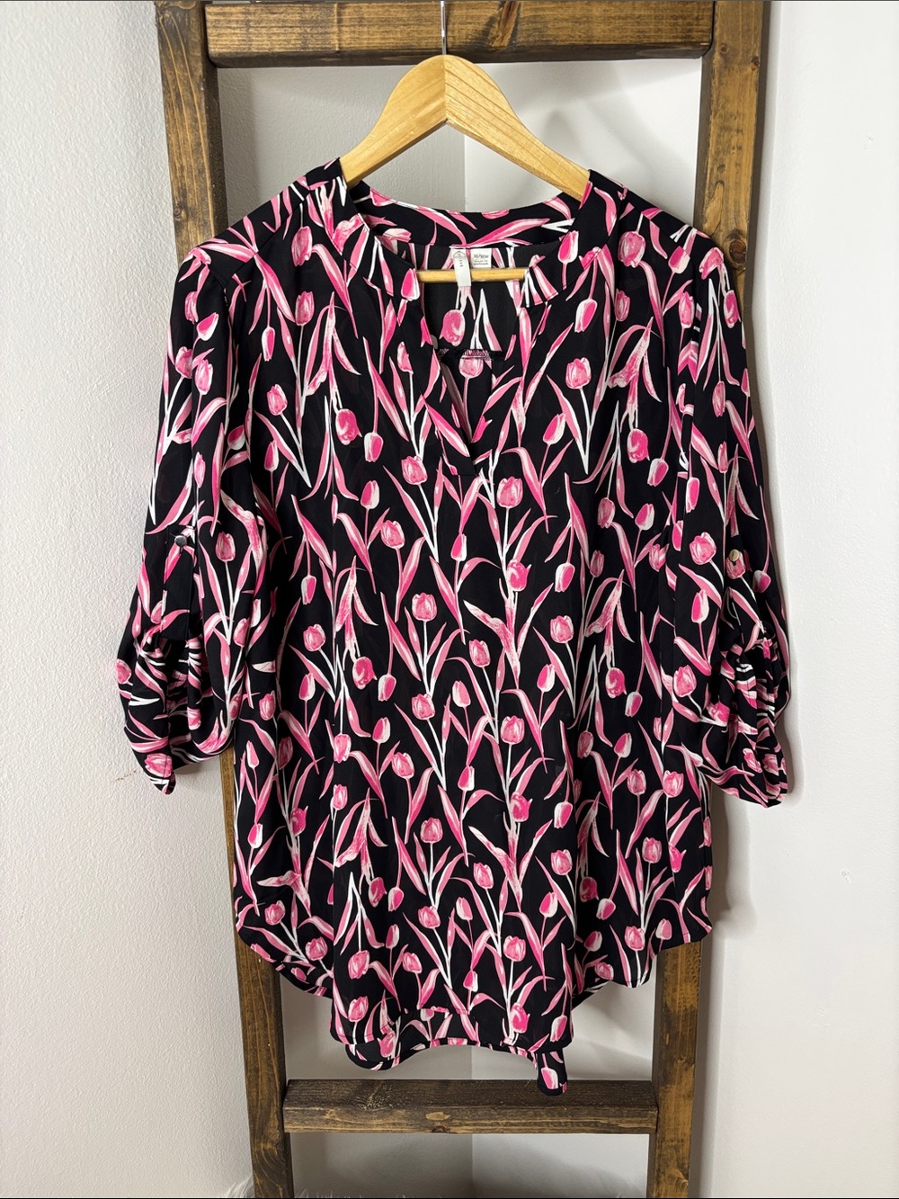 Cato Black Blouse with Pink Tulip Print Size 14/16W